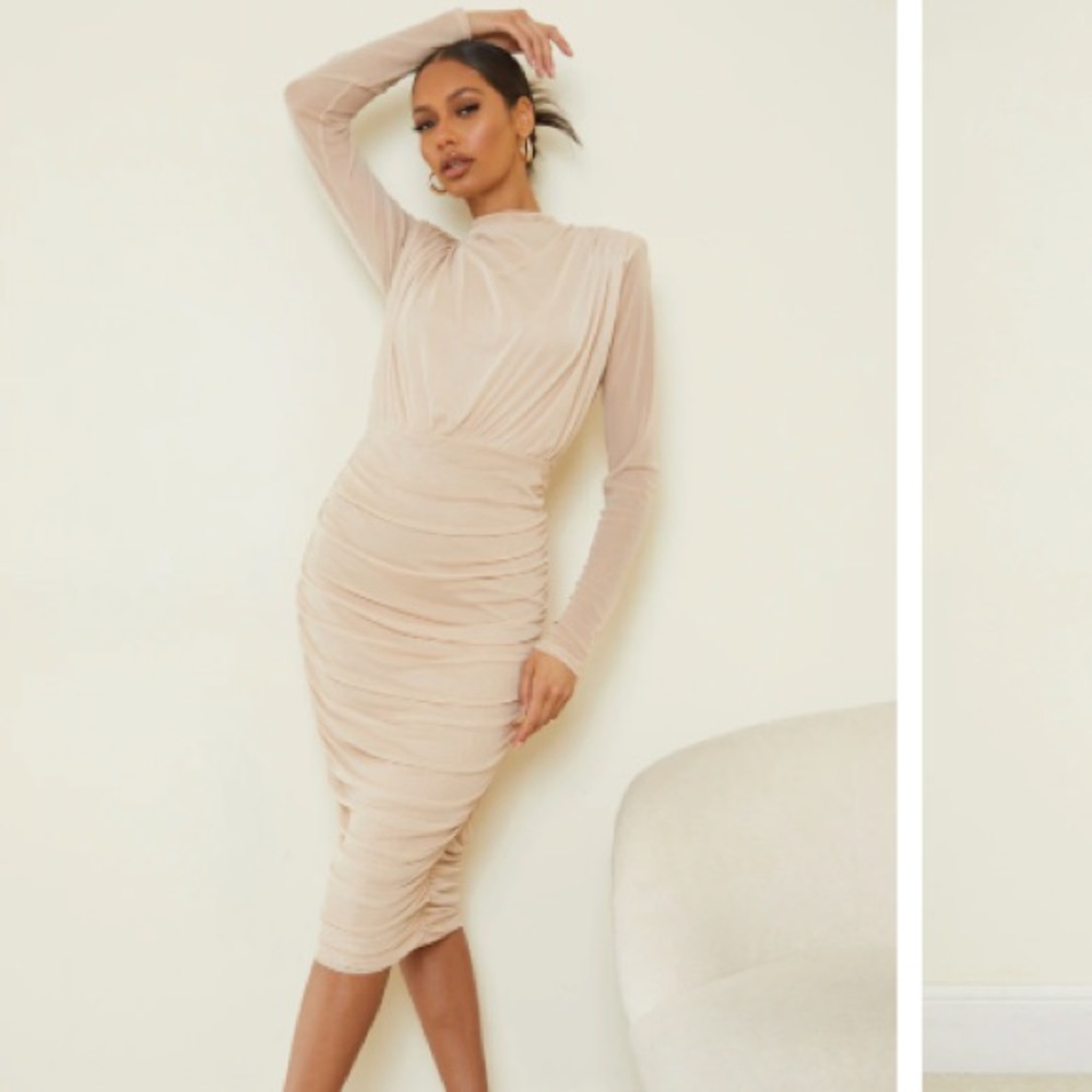 Pretty Little Thing Nude Mesh Ruched Dress